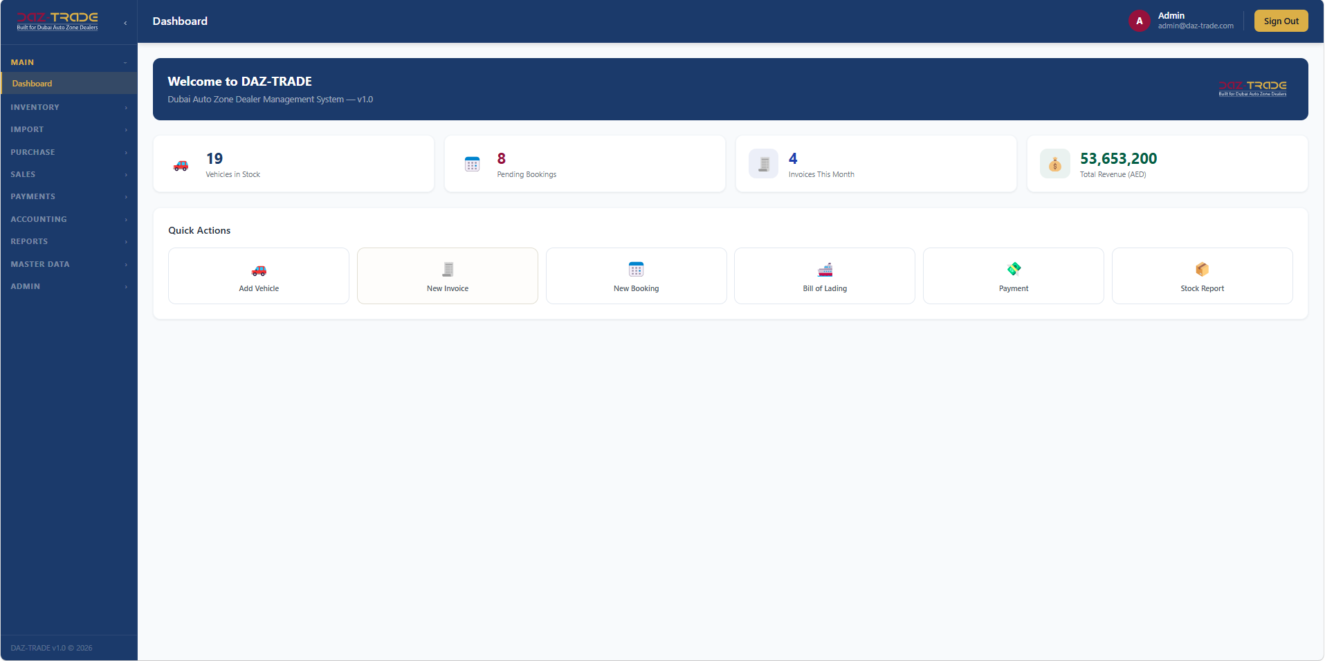 DAZ-TRADE dashboard showing vehicles in stock, pending bookings, invoices and revenue